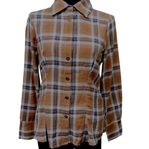 Anama` Tailored Farmcore Flannel Long Sleeve Button Brown Plaid Cozy Small Shirt